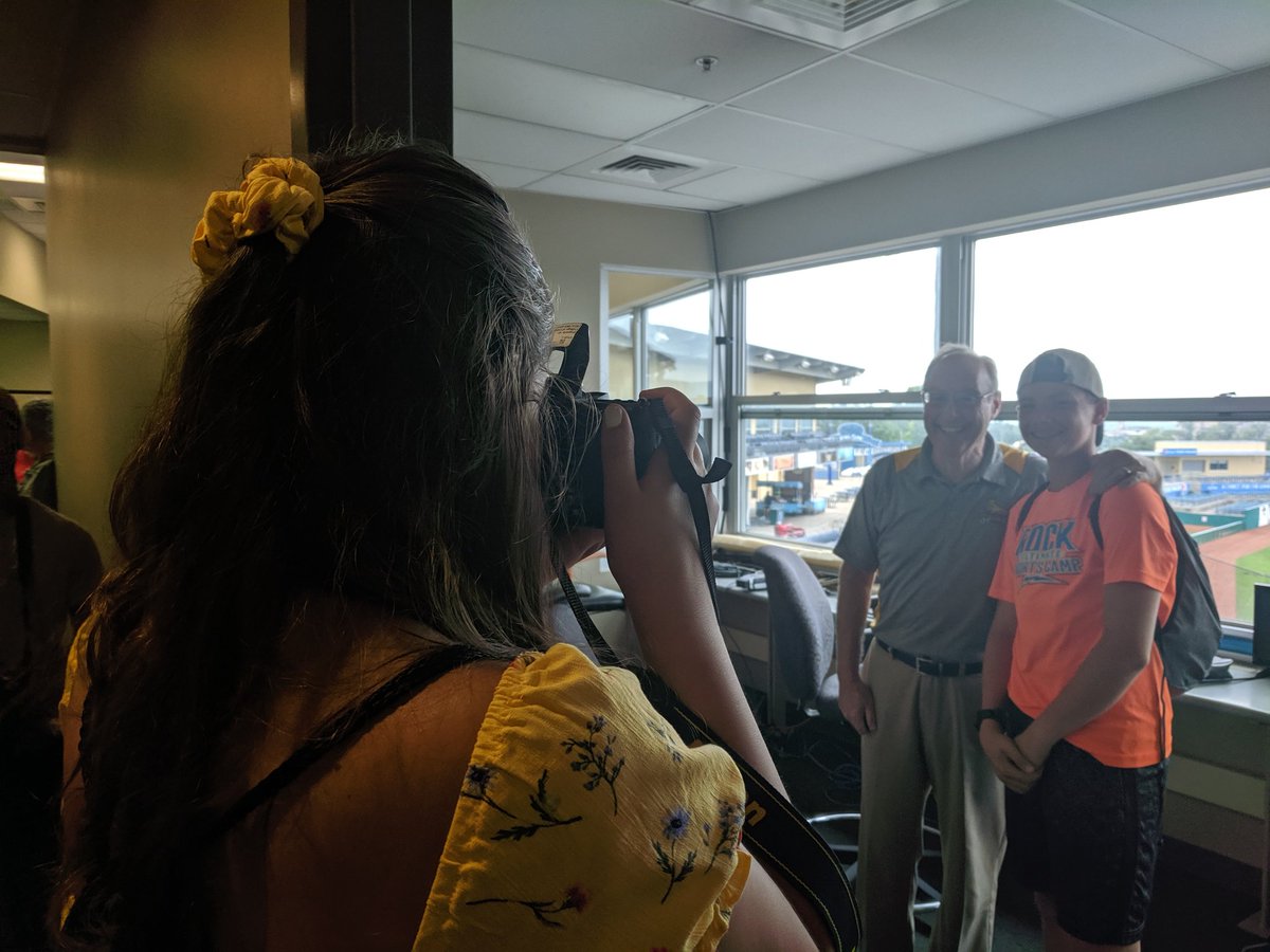 PSUCommCamp's tweet photo. 🇺🇲=⚾ Thanks to the @SCSpikes , @JPutnamMic , and legendary broadcaster Steve Jones for giving us a tour of the press box! #DJC2019 https://t.co/mRd4vJuDoZ