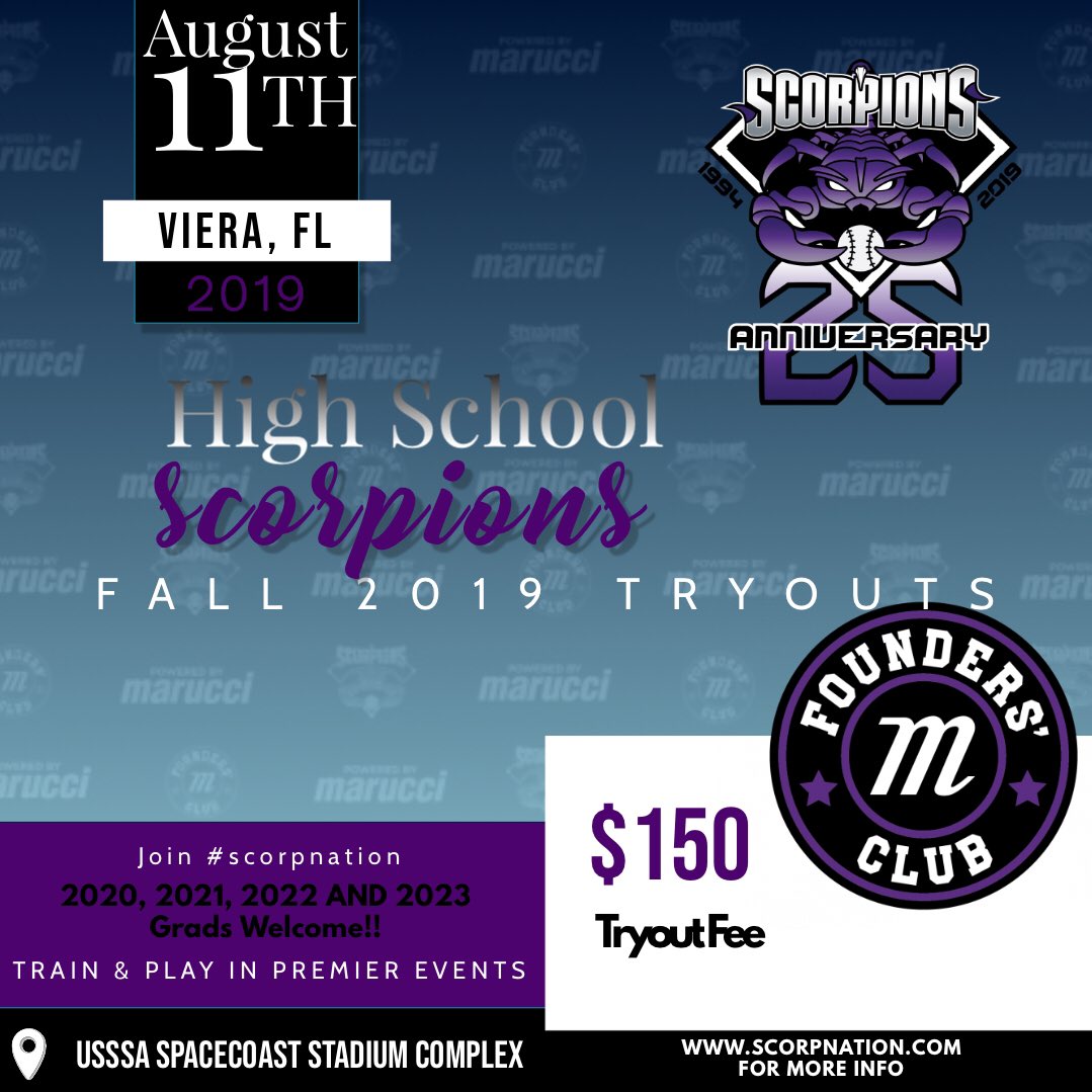 Scorpions Announce Fall 2019 High School Tryout Date!  Visit scorpnation.com for all the info!