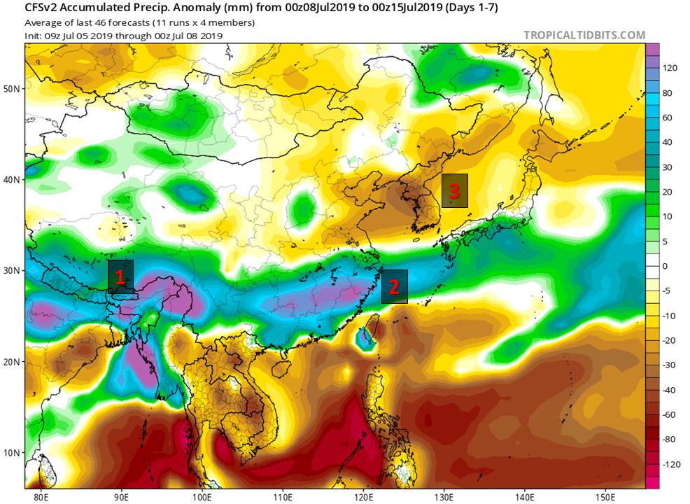 jdjcxo's tweet image. CFS highlights for Asia next 2 weeks:
1. Flooding &amp;amp; landslides likely N/NE India/Nepal/Bhutan/N Myanmar; big snows central/eastern Himalayas.
2. Flooding persists across southern China and parts of Japan w/ active mei-yu front.
3. Changma remains delayed across Korean Peninsula.