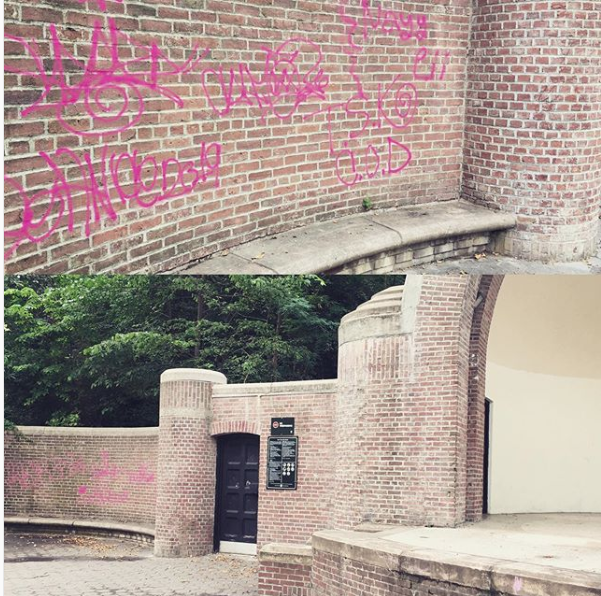TheHarlemVoice's tweet photo. Sadly #JackieRobinsonPark has been the target of vandalism. The wall to the left of the Bandshell has been defaced w/spay-paint. While infuriating, we are not helpless, Be an engaged #Harlem resident, report graffiti to 311 here: https://t.co/zMx0Euf2PF  @nycmayor  @nycparks https://t.co/SymoStfk0k