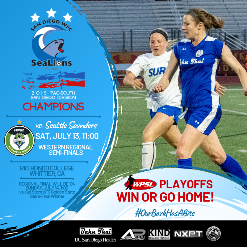 San Diego WFC SeaLions (@sdsealions) on Twitter photo The <a href="/SDSeaLions/">San Diego WFC SeaLions</a> Next <a href="/WPSL/">Women’s Premier Soccer League</a> Playoff Match is Sat, July 13, 11am vs. <a href="/SoundersWomen/">Sounders Women</a> at Rio Hondo College, Whitter.
#WPSLChampionship Regional Semi-Final Doubleheader
First Match: <a href="/CalStormSoccer/">California Storm</a> v. <a href="/fcgoldenstate/">FC Golden State</a>, 9am
Final: Sunday, 1pm
#OurBarkHasABite #WinOrGoHome The <a href="/SDSeaLions/">San Diego WFC SeaLions</a> Next <a href="/WPSL/">Women’s Premier Soccer League</a> Playoff Match is Sat, July 13, 11am vs. <a href="/SoundersWomen/">Sounders Women</a> at Rio Hondo College, Whitter.
#WPSLChampionship Regional Semi-Final Doubleheader
First Match: <a href="/CalStormSoccer/">California Storm</a> v. <a href="/fcgoldenstate/">FC Golden State</a>, 9am
Final: Sunday, 1pm
#OurBarkHasABite #WinOrGoHome