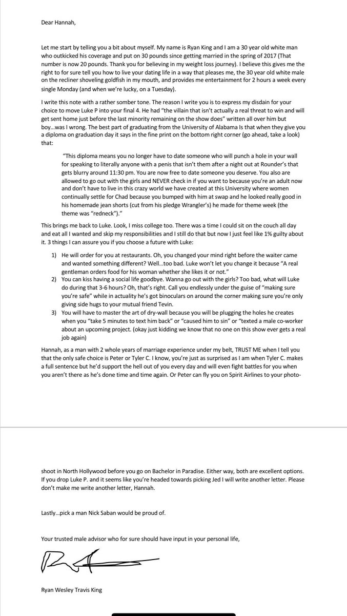 Ryanwtking's tweet photo. I promised that if Hannah kept Luke P around I would write her a letter. Will someone in #bachelorette nation make sure she sees this. Thank you. Very important stuff. https://t.co/w3qCL7vsYl