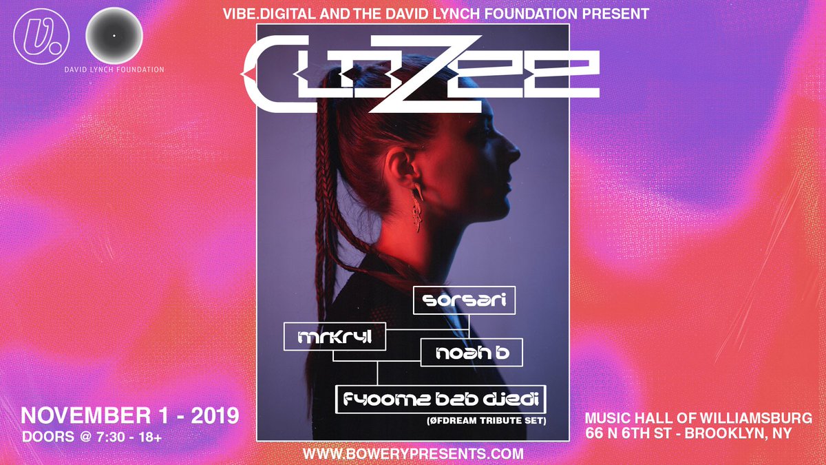 .<a href="/LynchFoundation/">David Lynch Foundation</a> &amp; <a href="/vibedigitalUSA/">vibe.digital</a> present <a href="/CloZeeMusic/">Cewek Libra</a>, along with DJ sets from <a href="/sorsariii/">sorsari 🔮</a>, <a href="/MRKRYL/">MRKRYL</a>, <a href="/THISISNOAHB/">NOAH B</a>, <a href="/brett_djedi/">🌐📶🌊💙</a> &amp; <a href="/fyoomz/">Lord Smoke</a>, this Fall at <a href="/MusicHallofWB/">Music Hall of Williamsburg</a>! Tickets go on sale this Friday at 10 am ET: bowerypresents.com/shows/detail/3…

Proceeds support #DLF’s work.