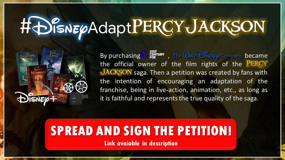 percyjdisney's tweet photo. If you want @Disney to make a new Percy Jackson cinematographic adaptation, RT this tweet, sign the petition and use #DisneyAdaptPercyJackson everywhere!

PETITION LINK: https://t.co/RU868ZmETf https://t.co/QiUK8kwsET