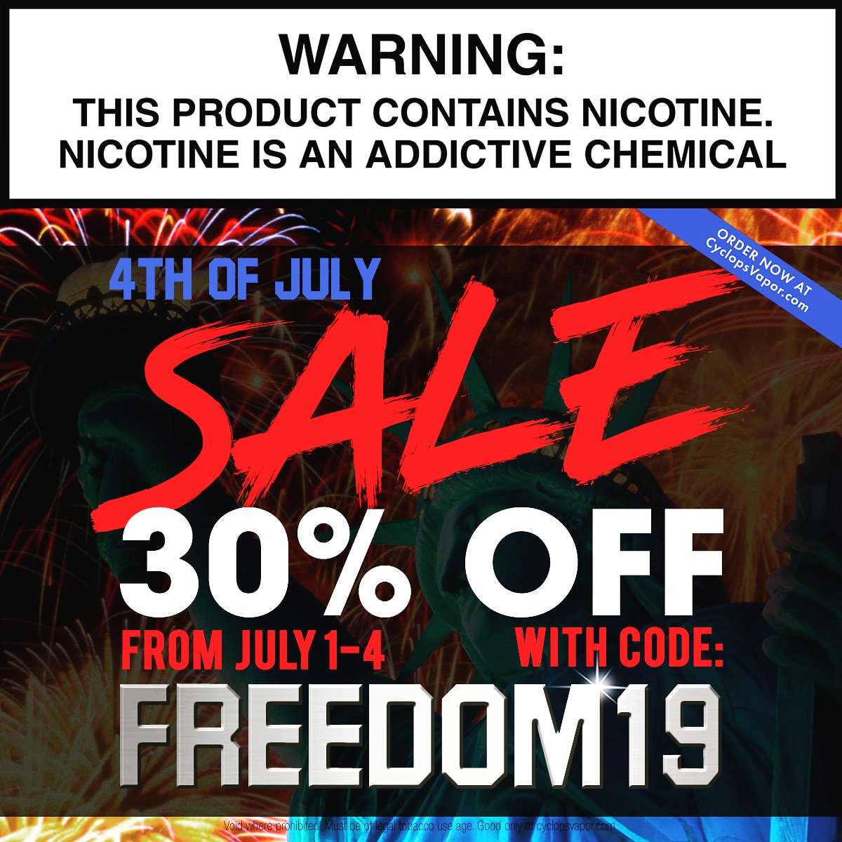 Enjoy your #4thofJuly and save 30% now with code FREEDOM19 only at bit.ly/2liozsA

#IndependenceDay #freedom #vape #vaping #vapenation #vapeon #vapelife