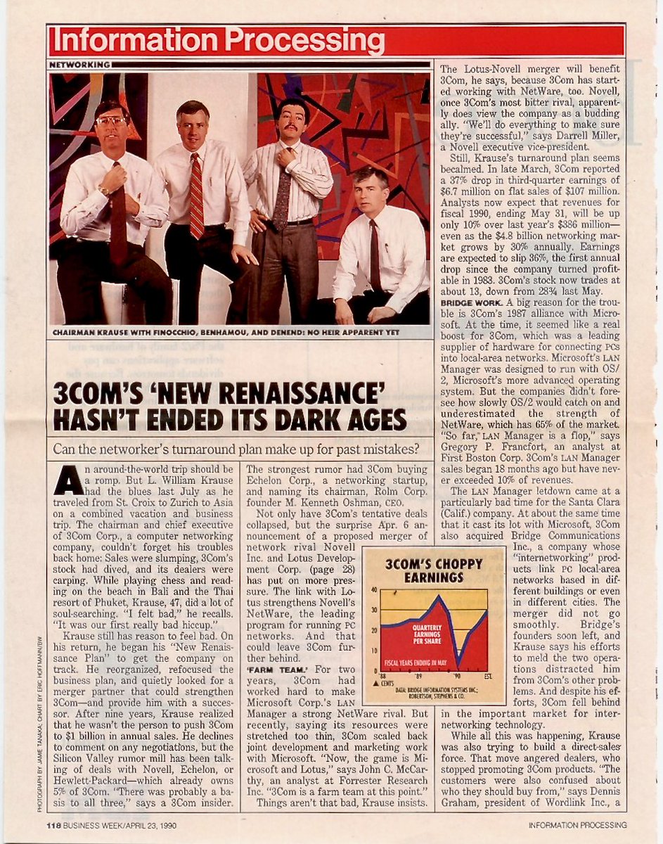 3ComStory's tweet image. A walk down (3Com) memory lane - read about the hatching of perhaps 3Com&apos;s most important pivot, brought to you by Bill Krause and  &quot;three amigos&quot; - Eric Benhamou, Bob Finocchio, Les Denend.
amzn.to/2NEUjtF

#3Com #Novell #Netware #Microsoft #LANManager  #Echelon #hpe
