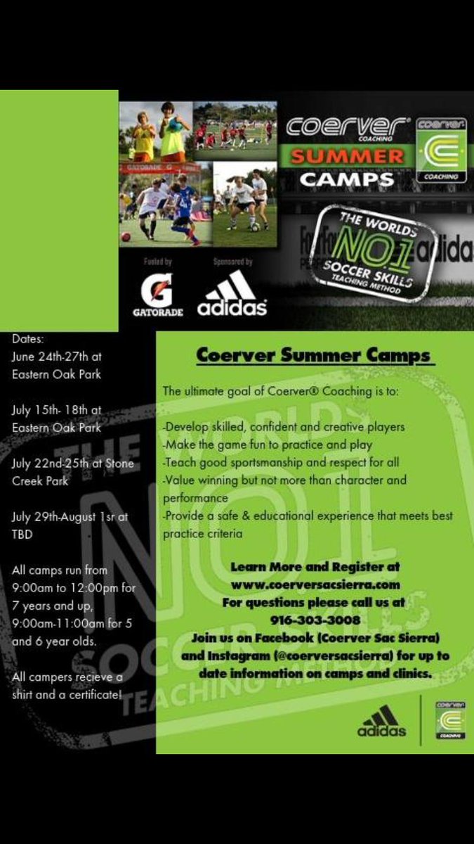 CoerverSac's tweet photo. Check out our remaining Summer Camp schedule. Find a location that works for your players. Sign up here 👉 https://t.co/dgFeh9RAKq #coerver #coervermethod #soccer #summercamps #sacramento #sacsoccer #boyssoccer #girlssoccer #goalkeepertraining #adidas #gatorade https://t.co/BrcCOrjt9s