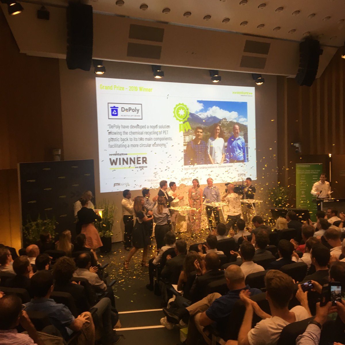ventureoffice's tweet photo. Congratulations to our Grand Prize Winner! #DePoly, helping solve the world’s plastic problem! Winner of CHF150k #venture2019 https://t.co/ShGuDirdM3