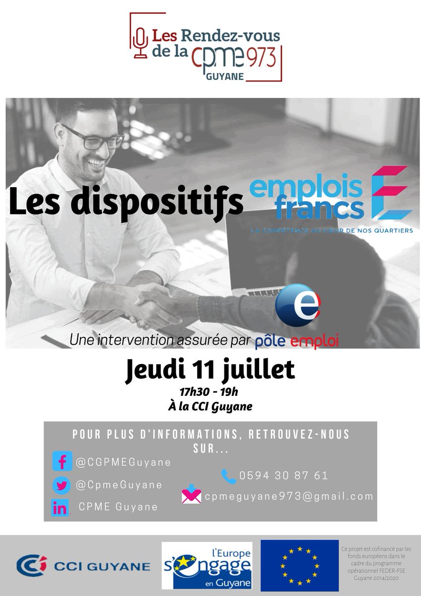CpmeGuyane's tweet photo. #RendezvousdelaCPME La CPME vous convie à son « Rendez-vous de la CPME » 📌 qui aura lieu le jeudi 11 juillet à la @CCIGUYANE 
Le @poleemploi_guya répondra à toutes vos interrogations à propos du dispositif emplois francs! 
Nous vous attendons nombreux! ✨ https://t.co/rUgImB8Bqj