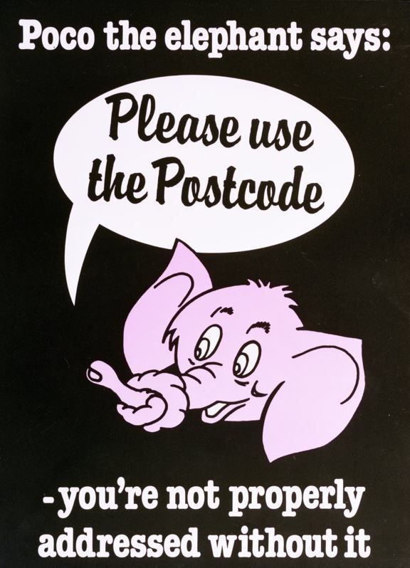 thepostalmuseum's tweet image. Today is #ZipCodeDay! The UK&apos;s first modern #postcodes were trialled in Norwich in 1959. Playful poster campaigns were used to encourage the use of postcodes and it even had its own mascot. Can anyone remember Poco the Elephant from the 1980s? 🐘 bit.ly/2t9jeJ8
