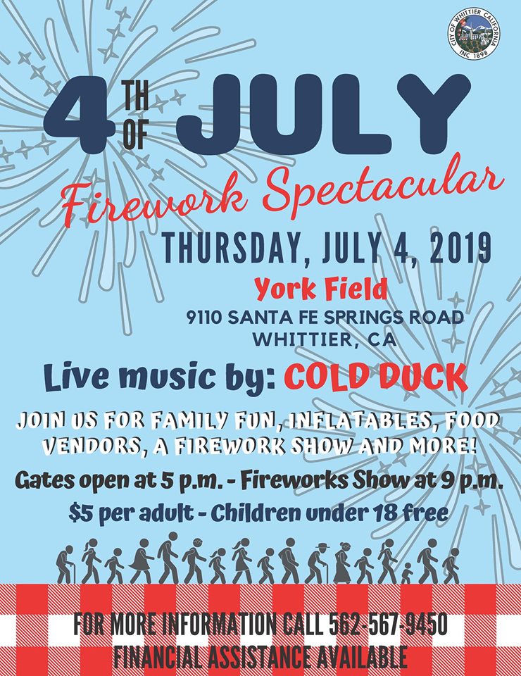WhittierCityGov's tweet photo. The City of Whittier is CLOSED July 4, but don't miss our Fireworks Spectacular starting at 5 PM at York Field! Join us for some safe family fun with music, food, rides, and more! 💥🎇🎆 #july4 #independenceday #allages #thatpicniclife #coldduck #wearewhittier #cityofwhittier https://t.co/AjGWeCg457