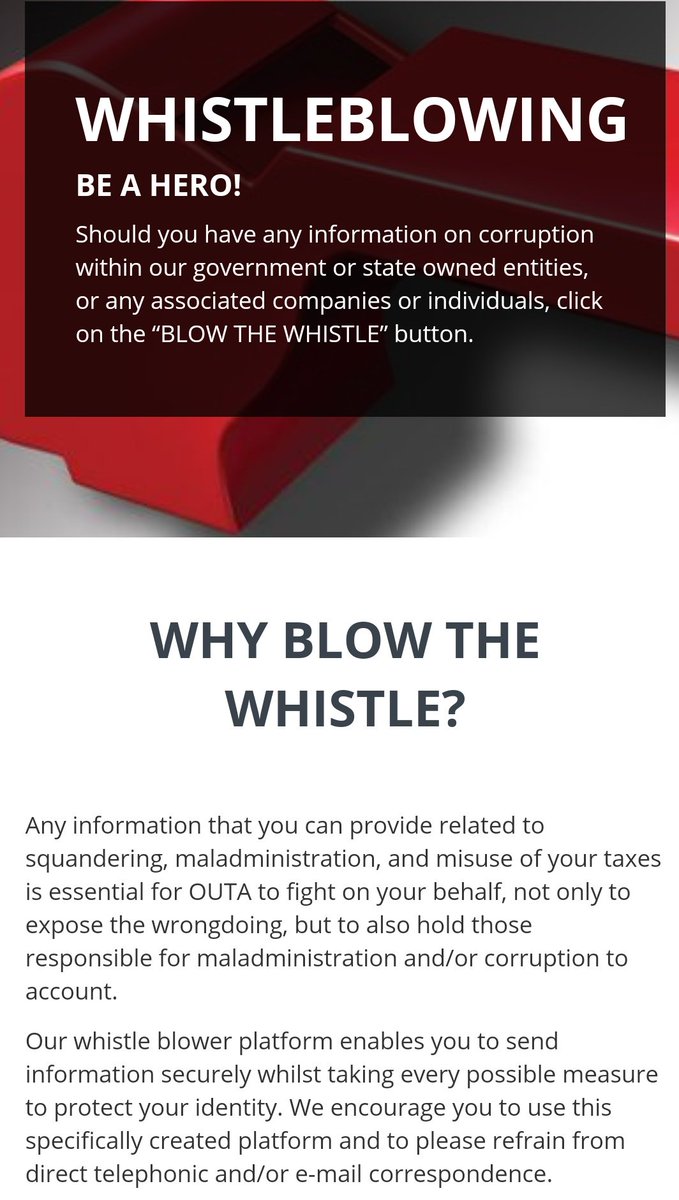 OUTASA's tweet photo. Here is the link to #OUTA's anonymous #whistleblower's platform. #BeAHero #LetsFixSA. More info below. Please RT widely for awareness. https://t.co/wTM9e7rrDL https://t.co/6nGWt86y34