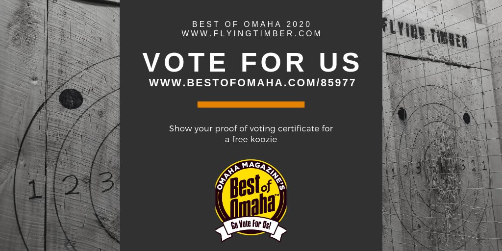 FlyingTimberAx's tweet photo. Voting is live! As a local, family owned business, we appreciate your vote and continued support! Show us your proof of voting certificate for a free koozie!
.
https://t.co/rWJ3COj90G
.
#flyingtimberaxethrowing #flyingtimber #axethrowing #visitomaha #bestofomaha https://t.co/BQ5MX33s63