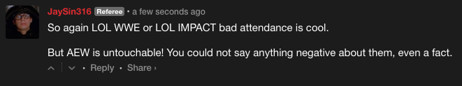 syxxpakk's tweet photo. When has AEW had bad attendance, though?

Lots of people saying lots of negative things about AEW, TBH. It's just they're focused on REAL things, not made up stuff. https://t.co/M9HeUEVZsS