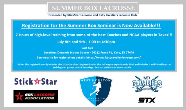 StickStarLax's tweet photo. As StickStar tries to grow the Box Footprint across the State we are teaming up with @KatyCavaliers to offer a seminar and WKND training. Head over to https://t.co/klzRISiGOf for more details! #StickStarBOX #StickStarHabits https://t.co/WV1jLB6ELN