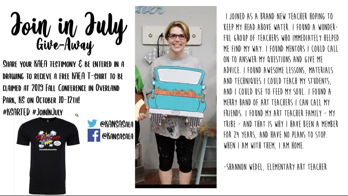 KansasAEA's tweet photo. Share your KAEA testimony and be entered into a drawing to be claimed at the 2019 fall conference in Overland Park, KS on October 10-12th. Use #JoinInJuly and tag us @kansasaea. Make sure your post is public so we can find it! #ksarted https://t.co/yQd5imX27C