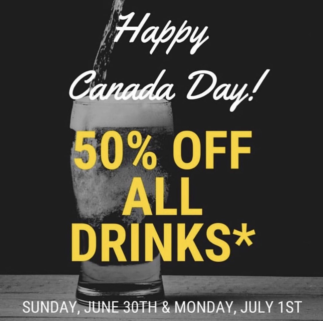 HAPPY CANADA DAY #YQL! Celebrate with us and 50% OFF ALL DRINKS* on Sunday, June 30th and Monday, July 1st! .
.
.
. *includes signature cocktails, highballs, glasses of wine, and draught beer. Valid in the Hydro Lounge only. #Lethbridge