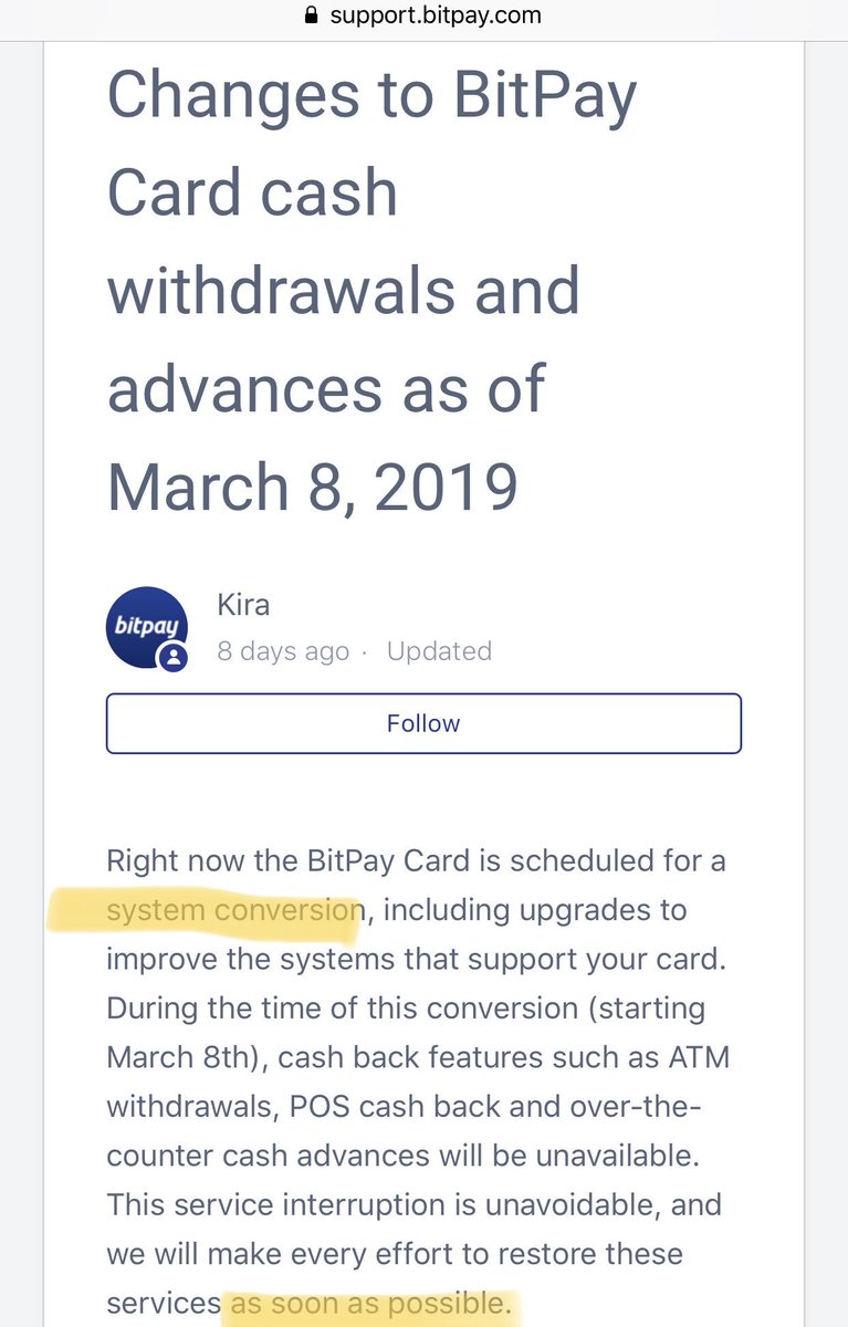 DanielMcG4's tweet photo. @BitPay It’s been nearly 4 months since the ability to withdraw cash using BitPay was stopped so that you could do a “system conversion”, according to your support page. What is the status of this “conversion” project and how much longer will your customers be unable to withdraw? https://t.co/XSdTBmOQuM