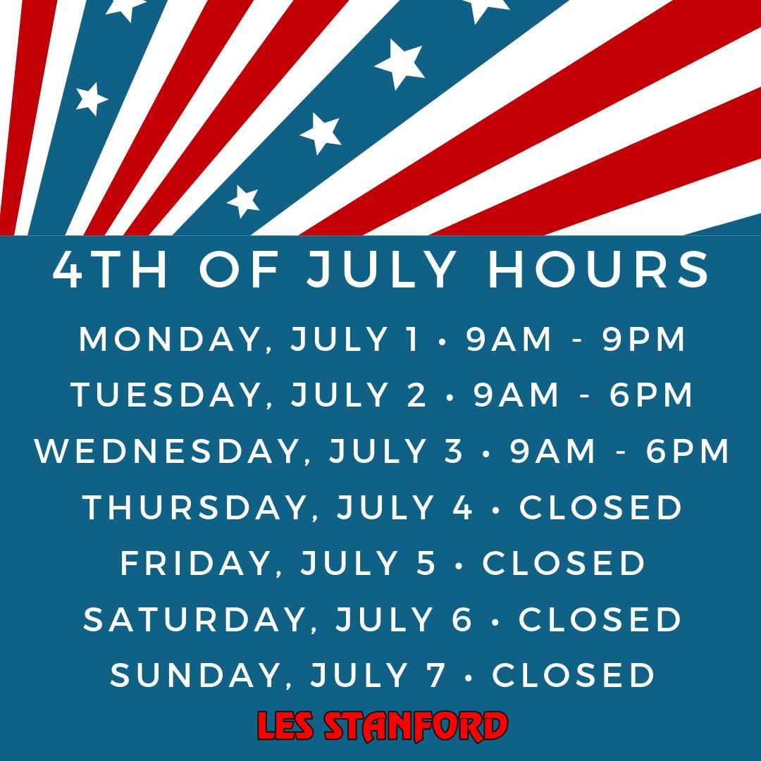LesStanford's tweet photo. Happy 4th of July week! We're open regular hours Monday through Wednesday, and we'll be closed Thursday through Sunday (re-opening Monday the 8th with regular hours). We hope you have a safe &amp; happy holiday weekend. 🇺🇸 https://t.co/Mra6Mj2Y9N