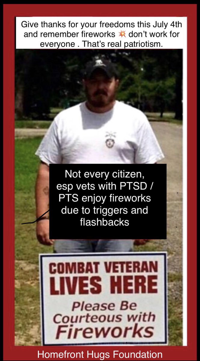HomefrontHugs's tweet photo. Make this trend as fireworks begin π₯ ... enjoy them where planned but not in neighborhoods by vets and service animals who can be triggered with flashbacks or more trauma - please ! #July4th #fireworks #HomefrontHugs #FreedomEndures #ThankYouVeterans RT https://t.co/LpDjtwUXJJ