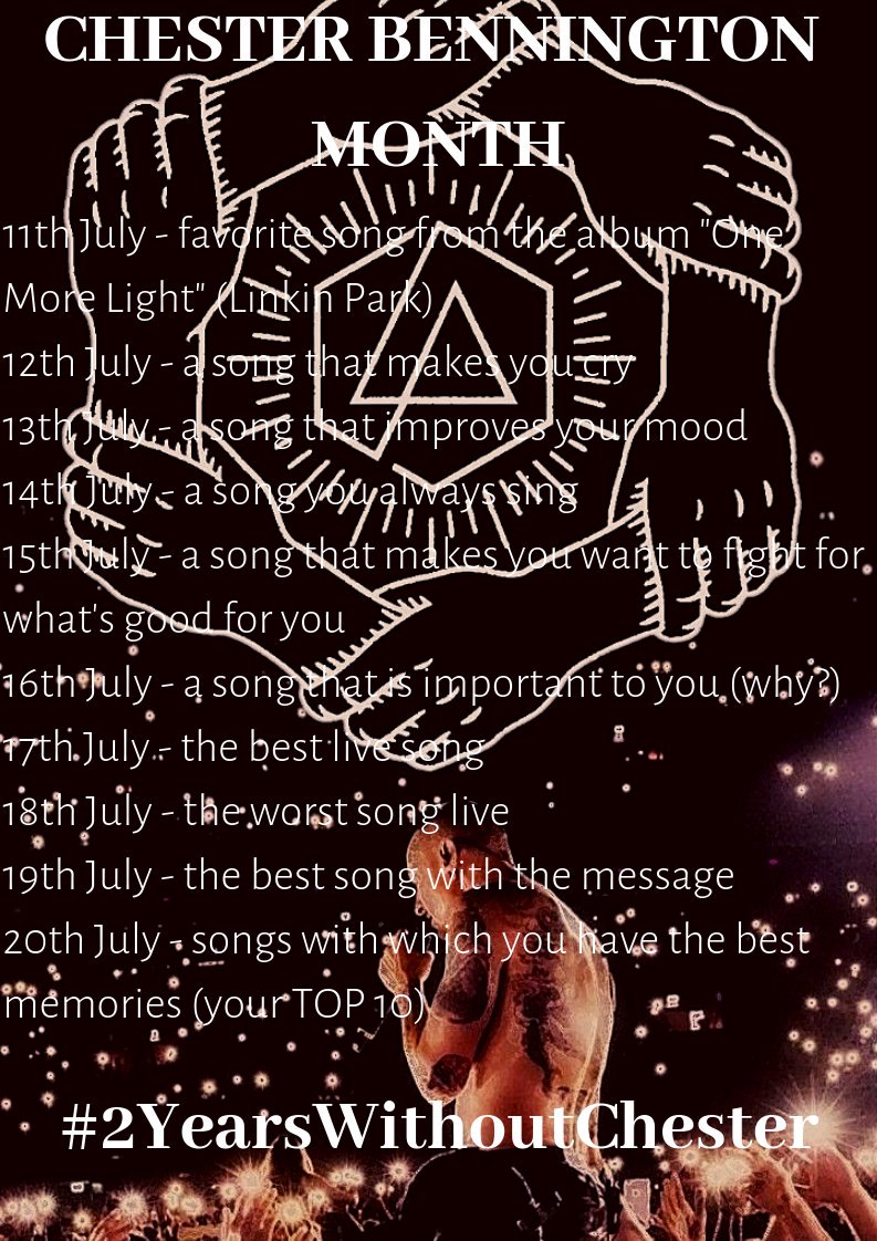_rosa_appassita's tweet photo. #2YearsWithoutChester July has already begun. Chester Bennington died in 20th July 2017. Today I'm starting a small challenge with Chester's songs. You can join me if you want
#RIPChester
#ChesterBennington
#ChesterBenningtonMonth https://t.co/CAxP9zRYCj