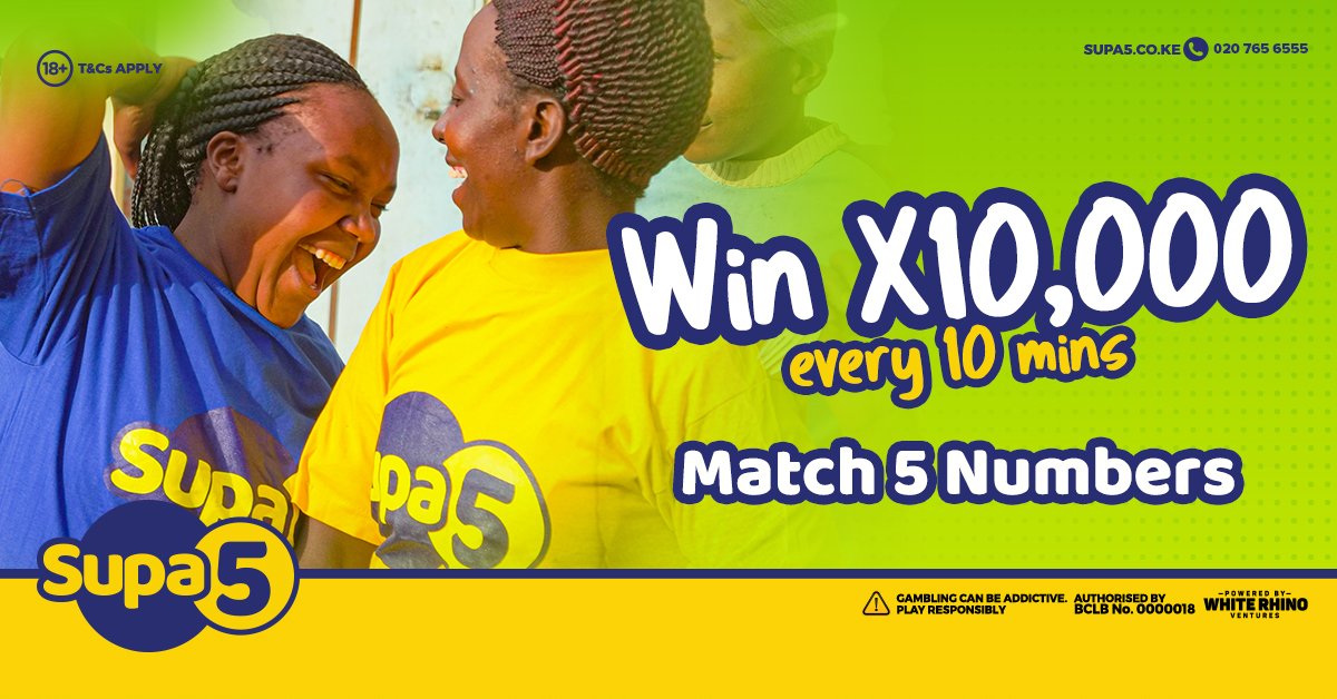 Supa5K's tweet photo. Shinda na Kenya Leo! 20 Bob Tu! 

🕑Win after 10mins

Match 5 numbers- Win x10,000 your bet
Match 4 numbers- Win x200 your bet

Play online: https://t.co/rhv9QrIdWq
#HarambeeStars  #KenyaVsSenegal  #Supa5 https://t.co/njI6JiEq7F