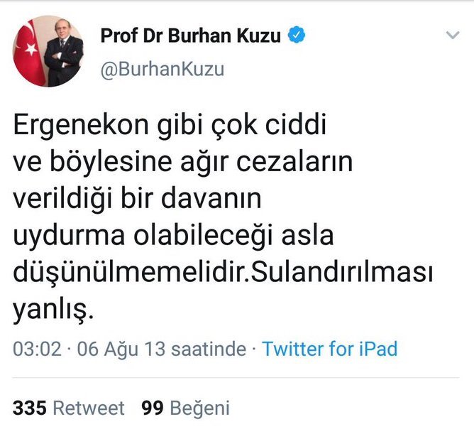 <a href="/BurhanKuzu/">Prof Dr Burhan Kuzu</a> Zeytinyağı gibi şimdi üste çıkmayın
O zaman Fetö ile birlikte olan sizdiniz, biz bugün söylediğinizi söylüyorduk

Aşağıdaki twit sizin ise
ya o gün yalan söylüyordunuz
ya da bugün...

hangisi samimi?