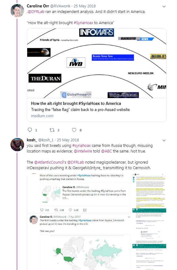 kosh_1's tweet photo. @3r1nG April 17: Caroline was pushing a #SyriaHoax-hoax, that 'Russian bots' started the hashtag, with spurious confirmation from #intelwire.
May 18: #conspirator0 tried to pin it on #TEN_GOP, then Russia, before Caroline backed down.
She and conspirator0 cry wolf & misrepresent data. https://t.co/LEo5BlE7we