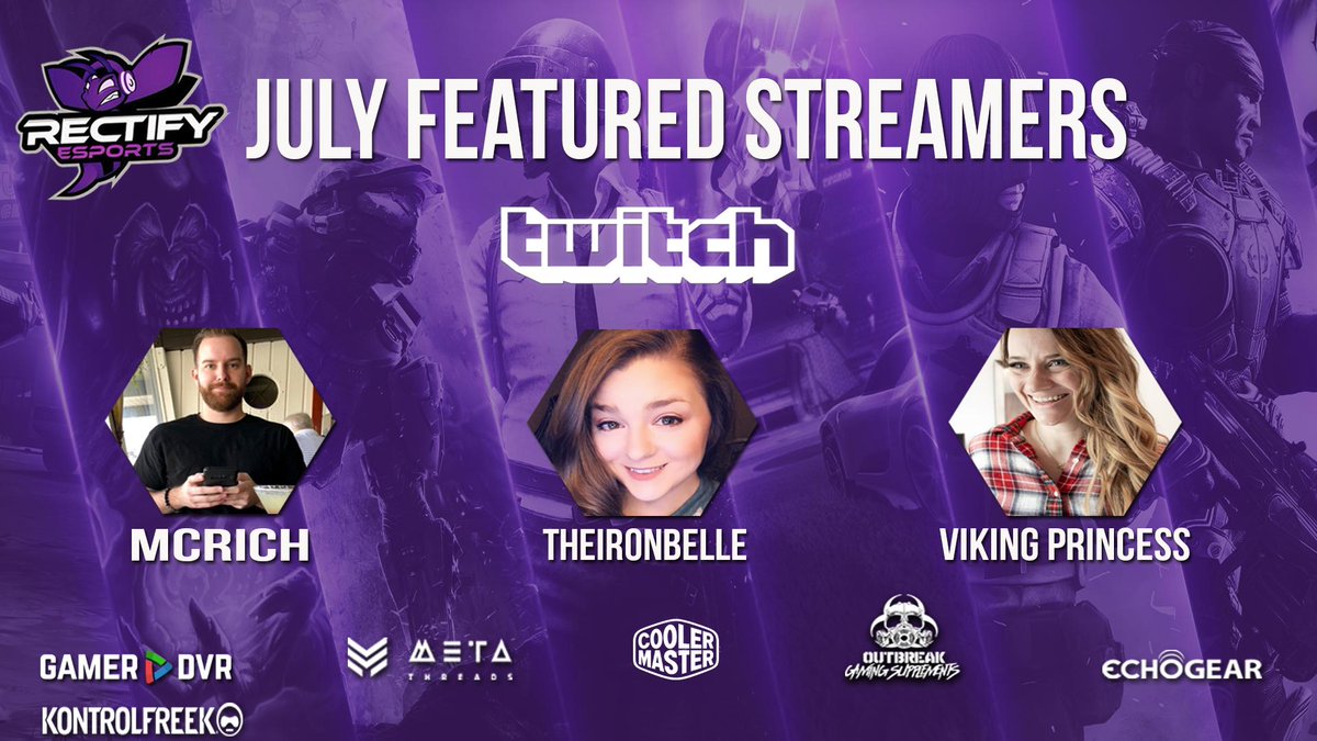 RectifyEsports's tweet photo. Here are your Rectify Twitch Featured Streamers for July 2019.

@TheIronBelleTTV - https://t.co/qg6f5PNg68

@VP_Tine - https://t.co/JHfXFaL5UV

@McRichTTV - https://t.co/q19OnWFXMI

Stay tuned for our ultimate giveaway for July and more soon! 

#FearTheSting https://t.co/iCPnHltclB