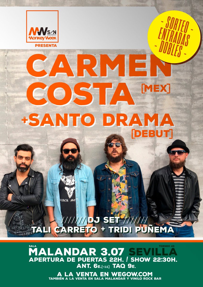 ConciertosEnSvq's tweet photo. CONCURSO EXPRESS!!

el miércoles: @CarmenCostaBand + @elsantodrama!!

sorteamos 2 entradas dobles gracias a @Monkeyweek y Malandar!

- sigue nuestra cuenta
- RT este tweet

también puedes participa en Instagram!
ganadores en stories: https://t.co/qP2bdq0Suy https://t.co/9SST9NZKEJ