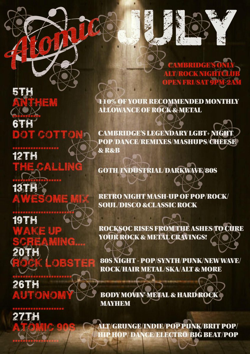 AtomicCamb's tweet photo. Attention retro-loving, metalheads, goths, rockers of #Cambridge! Here's #whatson at @AtomicCamb this month! The only alternative club in town! #RT https://t.co/VKKF865TYC