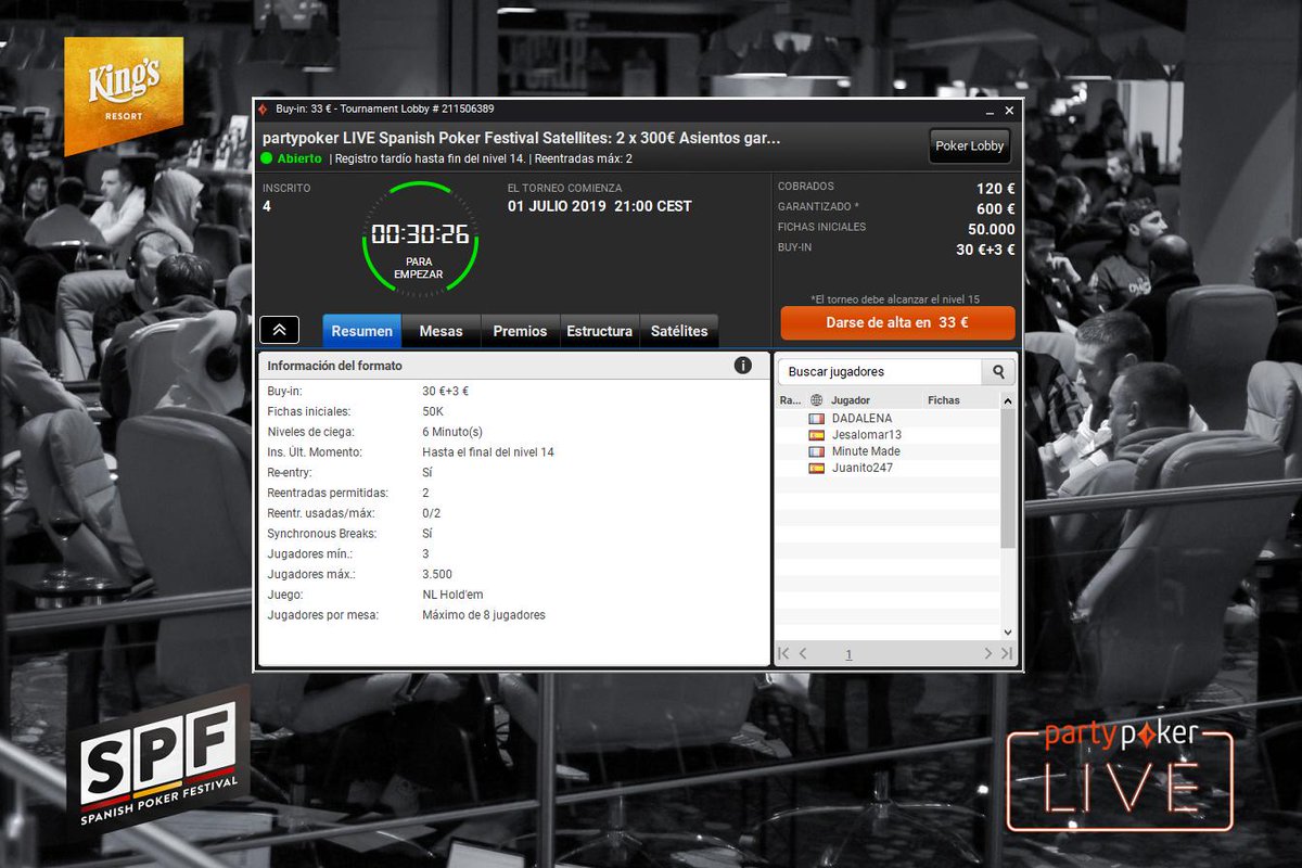 SPFpoker's tweet photo. En 3️⃣0️⃣ minutos empieza el satélite en @PartyPokerEs que te garantiza 2 🎟 todos los días. 😉

Por tan sólo 33€ 🎫 y con 1️⃣4️⃣ niveles de registro tardío, te lo ponemos muy fácil para estar en el próximo #SPFRozvadov.

O en la parada que tú elijas. 😍

#RoadToSPF https://t.co/ghqDoh5TJa