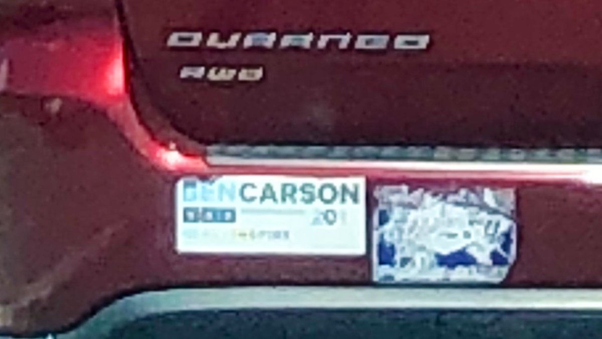 maggiefgarrett's tweet photo. Do you think this guy knows this sticker is on his car? #carson2016 https://t.co/Azo8T1vBD1