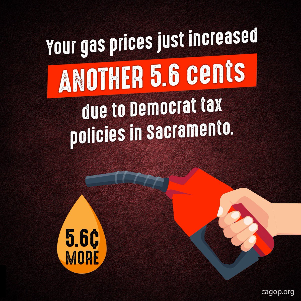 CAGOP's tweet photo. Gas taxes increase 5.6 cents today thanks to Sacramento, even though the state is sitting on a $21.5 billion surplus. This is unacceptable!

Sacramento should be making California more affordable, not less. #gasistoodamnhigh https://t.co/Od7oopD1ST