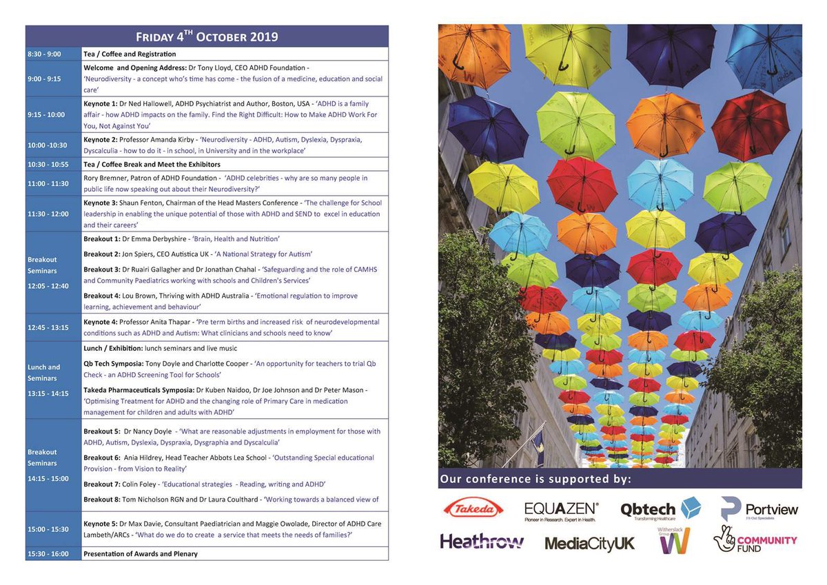 NeurodiversityT's tweet photo. The One Day 2019 National Multidisciplinary  Conference for 800 Professionals 
‘Neurodiversity, Mental Health &amp; Education -  Fri Oct 4th 2019 £140. Bursary discounts of £90 email request to conference@adhdfoundation.org.uk
https://t.co/0di5cpWGo8) https://t.co/Lurg46iVFo… https://t.co/je71C1WObW
