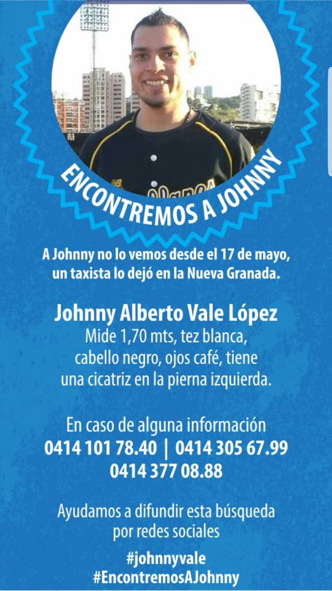 VoiceOverUp's tweet photo. Johnny salió el 17/5 de una reunión con amigos y no volvió a casa.
Ya es un mes y medio desaparecido
Si usted sabe algo de Johnny Vale, lo vio en la Nva. Granada o cercanías comuníquese urgente con sus familiares. https://t.co/gvVdwvgCt5