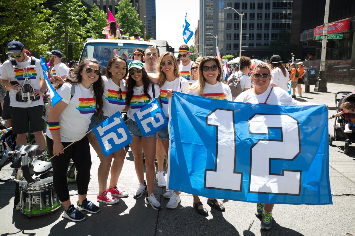 Seahawks's tweet photo. Proud to celebrate the 45th annual @OurSeattlePride Parade with @BTDrumline and staff. 🙌

#SeattlePrideParade | #GoHawks https://t.co/6varzEe71d
