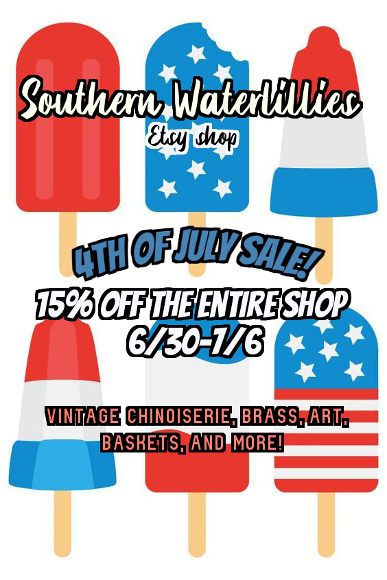 avalilly50's tweet photo. facebook,twitter 4th sale.png
This item will be shared. #southernwaterlillies #etsysale #etsyshop #etsyvintageshop #vintagehomedecor #chinoiseriechic #july4thsale #etsyvintage #brass https://t.co/BZ7z3IWqkd
