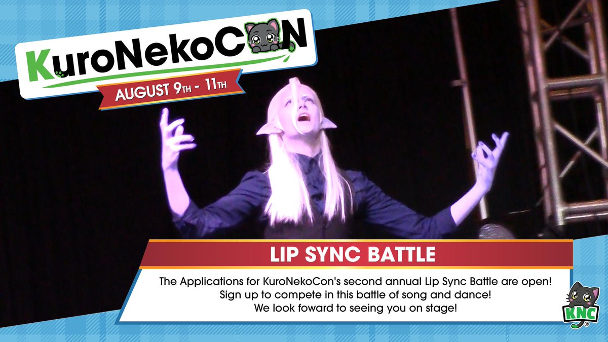 The Lip Sync Battle applications are open! Sign-up to compete in this glorious battle of song, dance, and HONOR.

Visit our website for full details and a link to the application. The deadline to apply is July 27th. We look forward to seeing you on stage!

kuronekocon.com/programming/co…