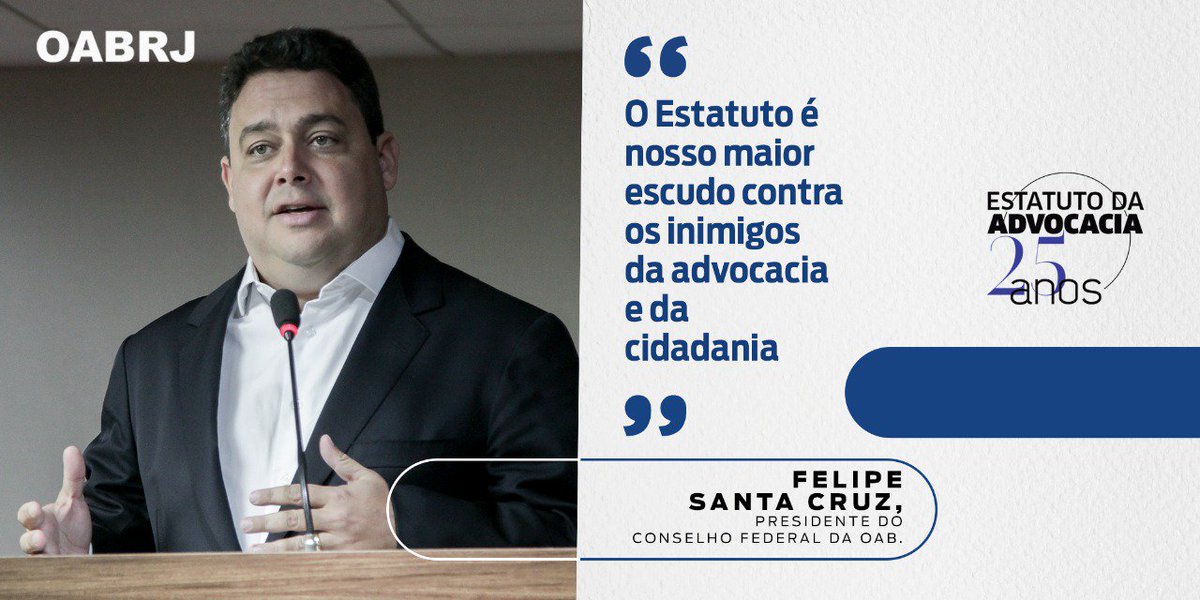 OABRJ_oficial's tweet image. Nesta semana, o Estatuto da Advocacia completa 25 anos, uma reforma que se deu pela necessidade de transformar os limites disciplinares da atuação de advogados e advogadas no país. 

#25anosEstatutoDaAdvocacia #OABRJ