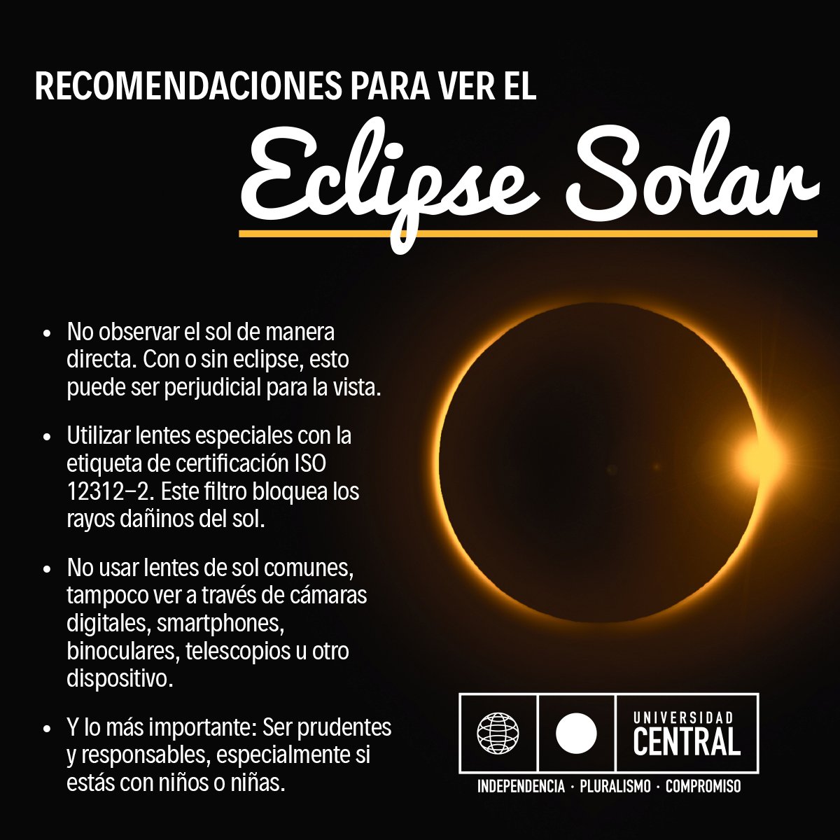ucentral_cl's tweet photo. ¡Nadie se quiere perder este gran fenómeno de la naturaleza! 🌝🌚
Centralinos y centralinas, pongan atención a estas recomendaciones   #EclipseSolar #EclipseTotal #EclipseSeguro https://t.co/EP2rVLznAY