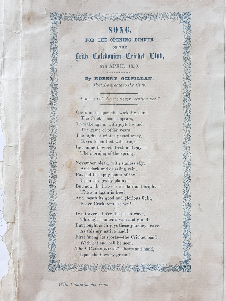 Leith FAB CC (@leithfabcc) on Twitter photo The attached was passed to us by <a href="/artiscorer/">Neil Leitch</a>. Many thanks, a magnificent find
A song by Robert Gilfillan, prepared for the Opening dinner of Leith Caledonian cricket club in April 1850. Now we need someone to sing it!
#leith #leithhistory #scottishcricket The attached was passed to us by <a href="/artiscorer/">Neil Leitch</a>. Many thanks, a magnificent find
A song by Robert Gilfillan, prepared for the Opening dinner of Leith Caledonian cricket club in April 1850. Now we need someone to sing it!
#leith #leithhistory #scottishcricket