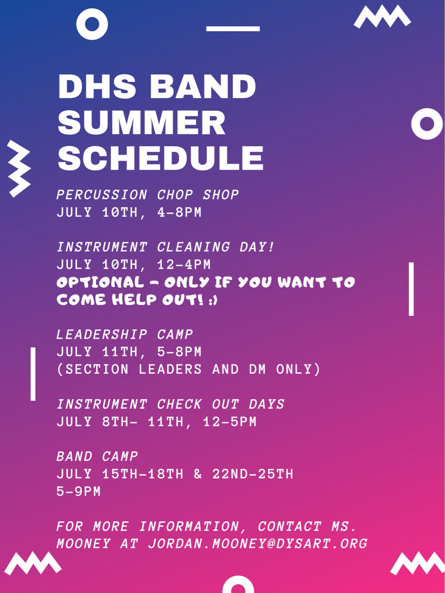 Band Camp is coming up fast! Here is the schedule of events for July, so mark your calendars and get ready for a great year!