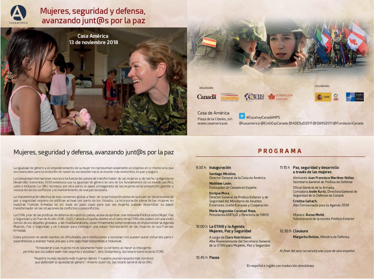 mariancaracuel's tweet photo. @macalbou @MLevinCdaSpain @DiplomdridMark @EmbCanEspana @FundacionCanada A vosotr@s x la confianza en @SWIIS2011 en la coorganización de "#Mujeres, #Seguridad y #Defensa, avanzando junt@s x la #Paz" en @casamerica #EspañayCanadáMPS
con #ClareHutchinson @NATO1325 y la Ministra de @Defensagob, entre otras autoridades. #partnerships #DóndeEstánEllas https://t.co/qho4QZfkrO