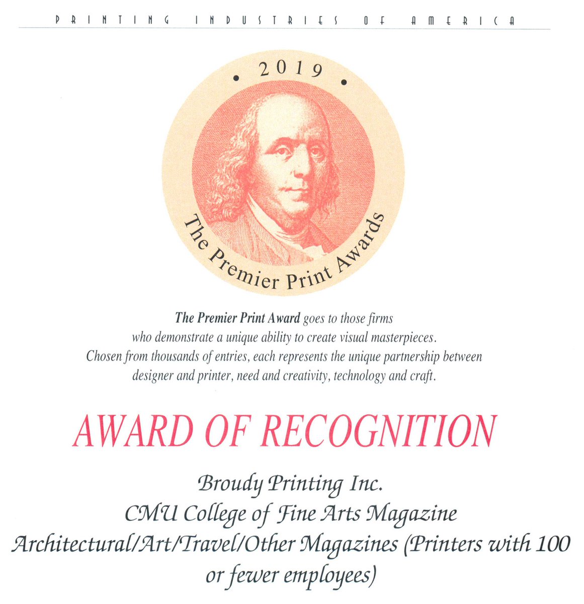 broudyprinting's tweet photo. Results are in and @broudyprinting wins a 2019 Premier Print Award of Recognition for the @CMU_CFA Winter Magazine! https://t.co/p0TaIUl8hk https://t.co/yW8YUjbjhf