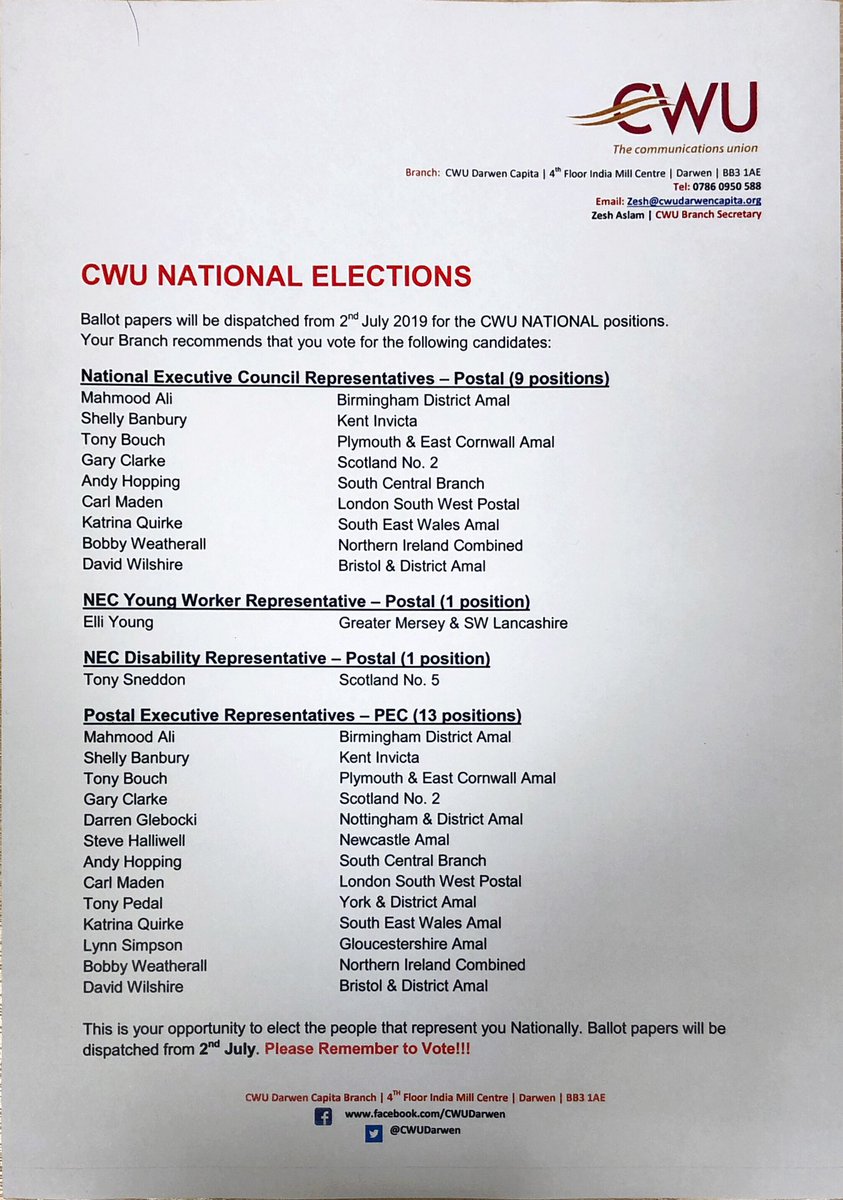 CwuDarwen's tweet photo. CWU DARWEN BRANCH Recommendations for the National Postal Elections 2019 #TheCWU https://t.co/XX0qNf4BLv
