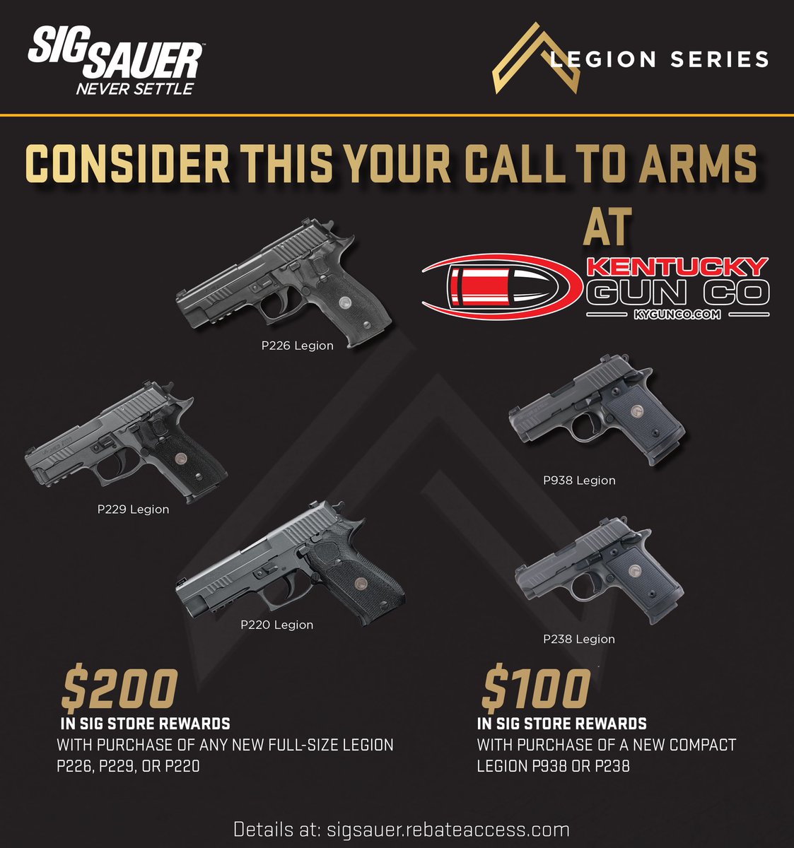 KYGUNCO's tweet photo. Now through July 31, 2019, buy any new @sigsauerinc #Legion Series full-size #P226, #P229, or #P220 pistol and get $200 in SIG Store Rewards. Buy any new Compact #SIGSAUER Legion Series #P938 or #P238 and get $100 in #SIG Store Rewards.
See our selection https://t.co/bGEfjgYxkm https://t.co/TFwtlM0Sjn