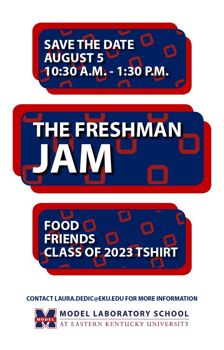 EKUModel's tweet photo. Class of 2023, save the date for THE FRESHMAN JAM! 

• Aug 5, 2019
• 10:30 A.M. - 1:30 P.M.

You're not gonna want to miss the food🌭, friends😄, and exclusive tshirt👕 

Speaking of the tshirt, fill out the size form at https://t.co/gnYI7pfcyx 

&amp; Stay tuned for more info! 🎉 https://t.co/A371OO12h5