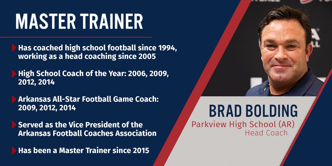 USAFootball's tweet photo. It's the return of #MasterTrainerMonday, where we celebrate the coaches who lead our #USAFootball education all around the country! 🇺🇸

Today's featured MT is Brad Bolding of @ParkviewLr! ⬇️ https://t.co/d8ADX7kibD