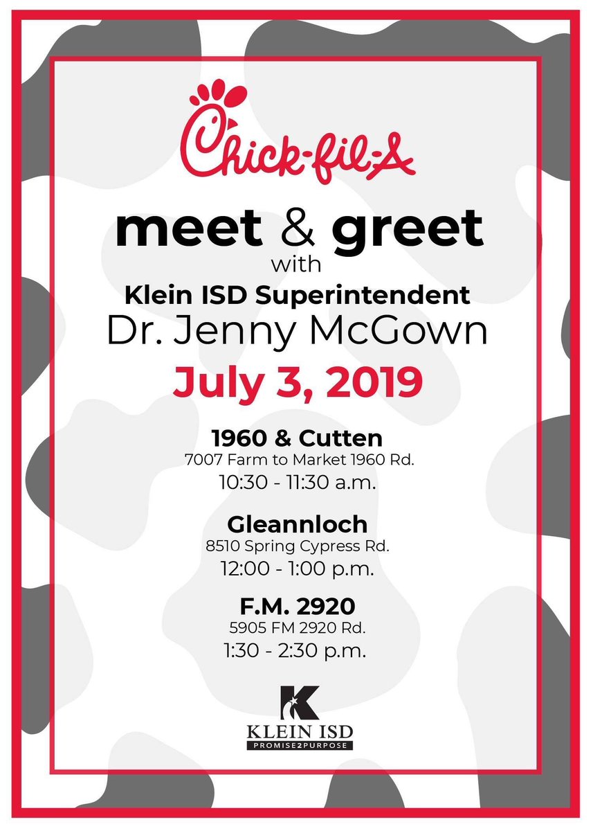 jenny_mcgown's tweet photo. Hi, #KleinFamily! I'm grateful to continue serving @KleinISD by making our shared vision a reality for EVERY student. As part of my 1st official week, I would love to spend time getting to know you. I’m excited to invite you to a meet & greet w/ me on July 3rd! See you then! 🐮🎉 https://t.co/FTNDvrcYRx